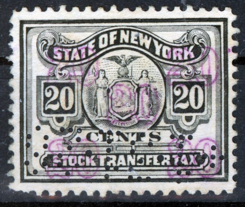 US Stamp New York Stock Transfer 20 Usd NY St91 Perfin 