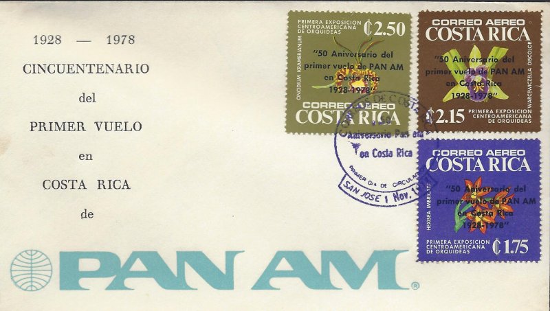 COSTA RICA ORCHIDS,OVERPRINTED 50 ANNIV 1st PAN AM FLIGHT Sc C715-C717 FDC 1978