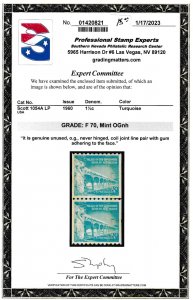 U.S. Scott # 1054a LP, 1960, PSE Cert., F 70, Mint, OGnh, Coil Joint Line Pair