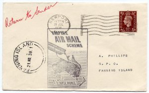 Great Britain 1 1/2d KGVI single on Empire Air Mail to Fanning Island, 1938