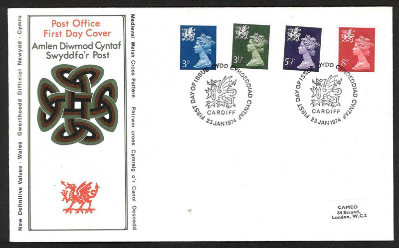 Great Britain Wales New Definitive Values (1974) FDC