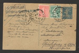 FRANCE - POSTCARD, STATIONERY-POSTMARK CMBOS (BASSES PYRENEES) -30c+10c+50c-1927