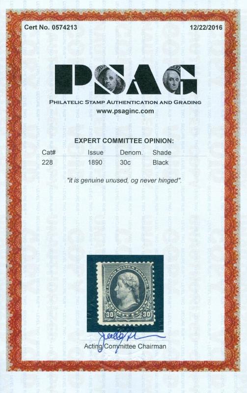 USA : 1890. Scott #228 PO Fresh Mint Never Hinged stamp with PSAG Cert Cat $1050