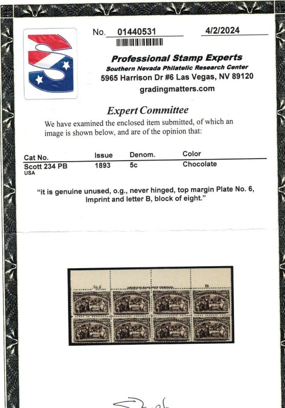 USA #234 Very Fine Never Hinged Plate #6 Top Block Of Eight **With Certificate**