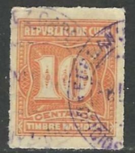 CUBA 1919 10c Rouletted GENERAL REVENUE GP12 Used