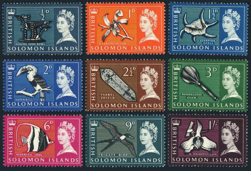 Solomon Isls 128-136,MNH. Orchids,Shell,Horn bill,Fish,Frigate bird,Shield.1965.