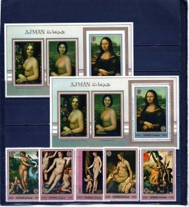 AJMAN 1970 FAMOUS PAINTINGS SHORT SET OF 5 STAMPS & 2 S/S PERF. & IMPERF. MNH