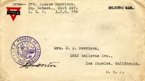 United States A.E.F. World War I Soldier's Free Mail c1918 [A.P.O. 776 91st D...