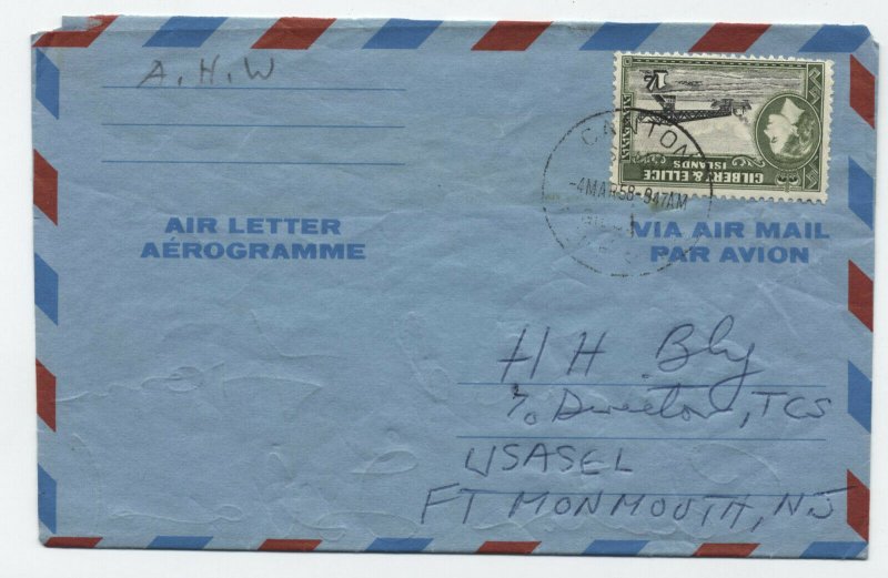 1958 Gilbert & Ellice Islands #68 Canton Island to USA aerogramme [y5655]