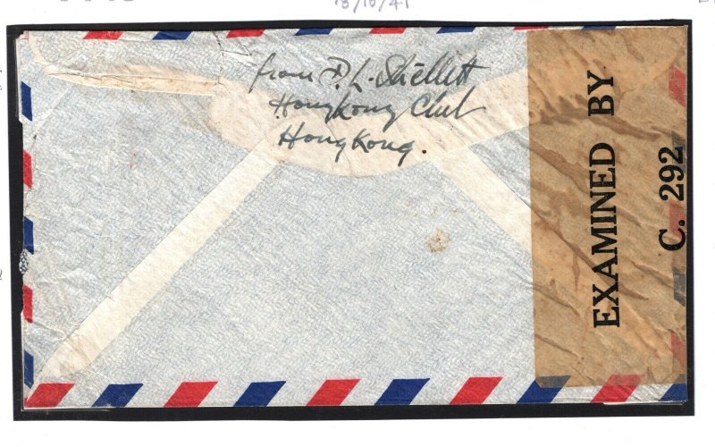 HONG KONG WW2 AirMail 1941 $3.50 Rate KGVI Franking Cover CANADA Vancouver Y148