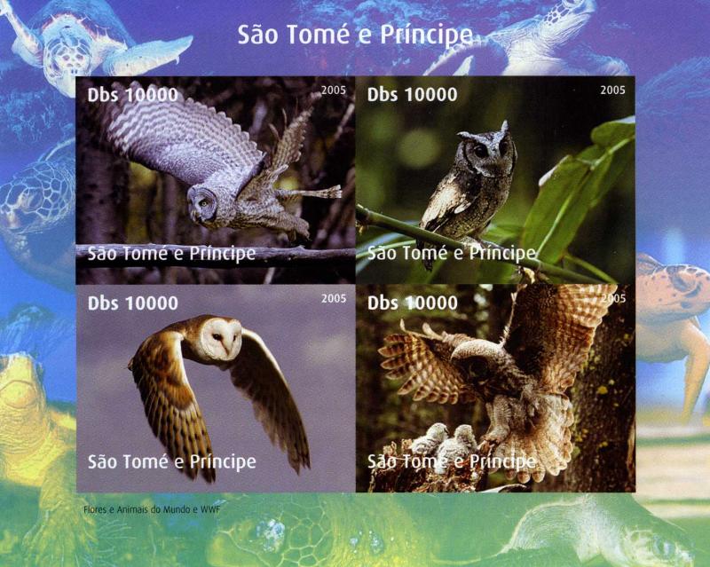 Sao Tome & Principe 2005 WWF.w/Logo BIRDS Owls Sheet Imperforated Mint (NH)