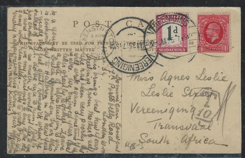 SOUTH AFRICA (P0604B) 1935 INCOMING PPC FROM ENGLAND POSTAGE DUE 1D STAMP
