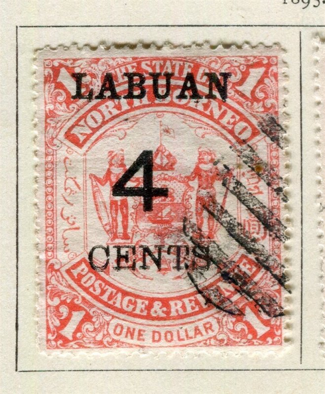 LABUAN NORTH BORNEO; 1895 classic surcharged issue fine used 4 CENTS on $1.