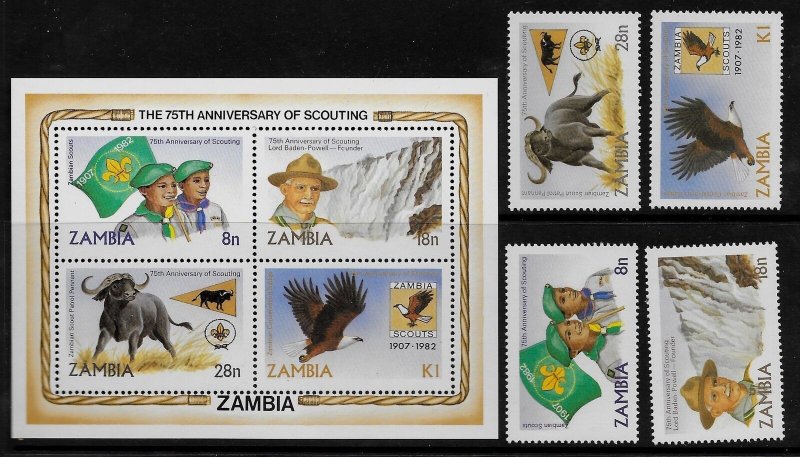 ZAMBIA Sc 268-71-271a NH SET+SOUVENIR SHEET of 1982 -  SCOUTS - ANIMALS 