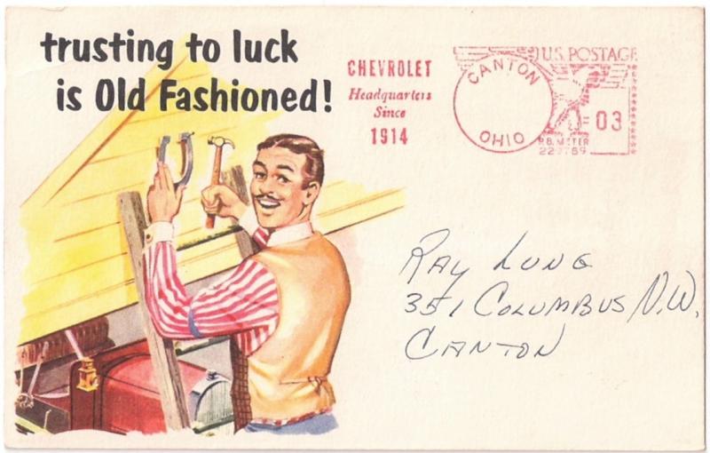 LITHO ADVERTISING ITEM for EWING CHEVROLET SERVICE meter stamp 1950s-60s VF