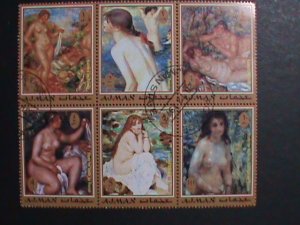 AJMAN-1972 COLORFUL FAMOUS NUDE ARTS PAINTING CTO BLOCK VF  WE SHIP TO WORLD