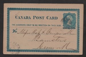 1876 Alexandria, C.W.  GGY br. Ci. dated DE 8.  On a 1c Small Queen postal card.