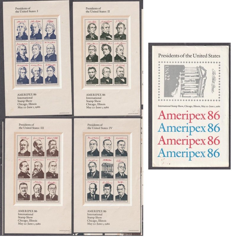 Scott 2216-2219 22¢ AMERIPEX 86 4 sheets with envelope MNH 