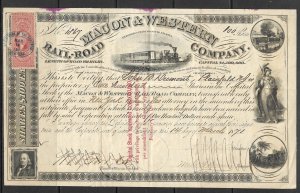 USA 1862-71 Insurance Revenue Sc R46c on MACON AND WESTERN RAILROAD Stock Certif