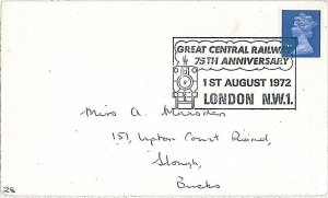 38185- GB UK-POSTAL HISTORY:SPECIAL POSTMARK: Great Central Railway 1972-TRAINS:-