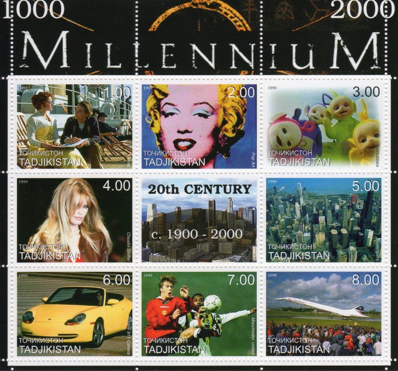 Tajikistan 1999 MARILYN MONROE-CONCORDE-TITANIC-MANCHESTER UNITED Shlt.9  MNH