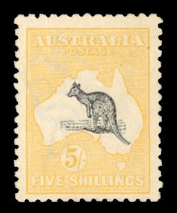 Australia #54 Cat$240, 1918 5sh yellow and gray, lightly hinged