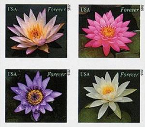 2015 49c Water Lilies, Block of 4, Imperforate Scott 4964-67c Mint F/VF NH