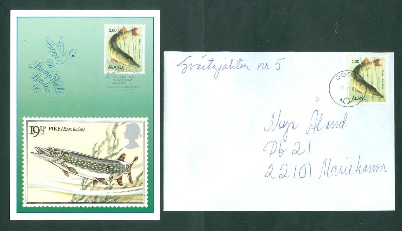 Aland. 1991.  Card Stamp World 90 + Cover: Godby. Sc# 43. Pike. Cancel.