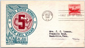 U.S. FIRST DAY COVER 5c NEW AIR MAIL COIL STAMP ON KEN BOLL CACHET CRAFT 1948