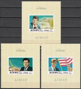 Ajman, Mi cat. 445-447, BL122-124 B. The Kennedy Brothers as Deluxe s/sheets. ^