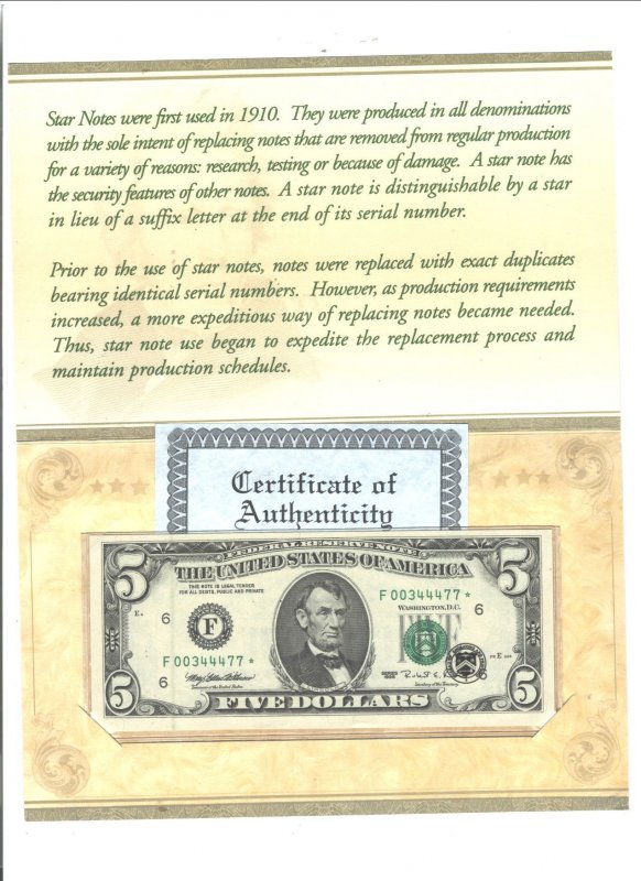 USA $5 STAR NOTE, ATLANTA, SERIAL F00344476*+F0034477* ONLY 364,000, GREEN SEAL