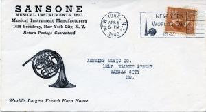U.S. Scott 805 On 1940 Ad Cover w/French Horn for Sansone Musical Instruments