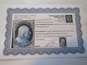 US Stamps, Scott # 9 used, Type IV, 1851 with Certificate,