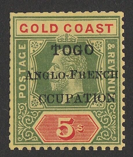 TOGO - BRITISH OCCUPATION 1915 Accra KGV 5/-, variety 'CCUPATION'.