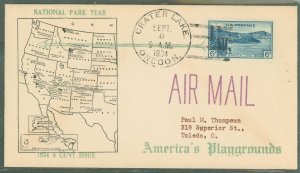 US 745 (1934) 6c Crater lake (part of the US National Park series) single on an addressed (typed ) First Day cover with a covere