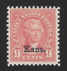 1929 9c Thomas Jefferson Kansas Overprint Scott 667 Mint F/VF NH