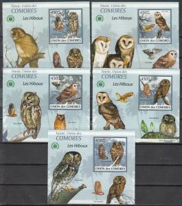 Comoro Is., 2009 issue. Owls issue as 5 Deluxe s/sheets. ^