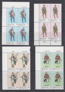 MALTA, 1987 Maltese Uniforms set of 4, corner blocks of 4, mnh.