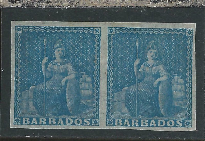 BARBADOS 1852-55 (1d) BLUE PAIR MM SG 3 CAT £120