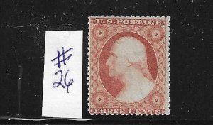 US #26 1857-61 WASHINGTON 3C (DULL RED- TYPE III)- MINT ALMOST NEVER HINGED