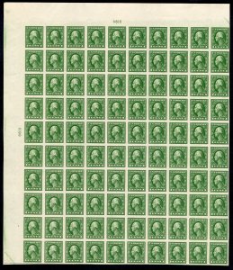408 $230, 1912 1c green, pane of 100, four stamps at bottom hinged, rest n.h.