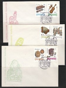 Poland, Scott cat. 2603-2608. Music Instruments issue. 3 First Day Covers. ^