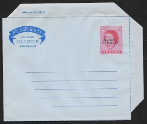 St LUCIA Aerogramme 15¢ Statehood Overprint Queen 1967 Unused