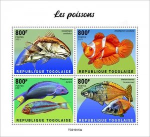 Togo - 2021 Fishes, Red Drum, Rainbowfish - 4 Stamp Sheet - TG210413a