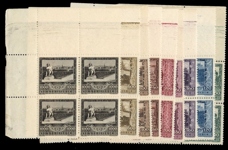 Austria B57-65, cat. $400, 1923 Views, blocks of four, never hinged