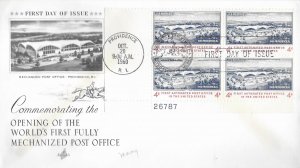 1960 FDC, #1164, 4c First Automated Post Office, Art Craft, plate block of 4