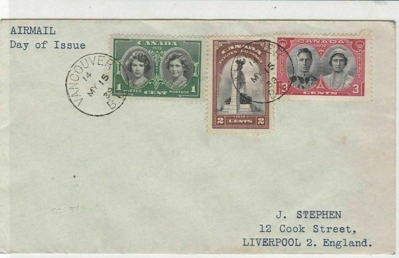 Canada 1939 Airmail Vancouver Cancel FDC Three Stamps Cover ref 22031