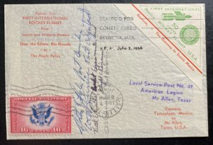 1936 Reynosa Tamps Mexico First Rocket Flight Mail cover To McAllen USA Signed 3