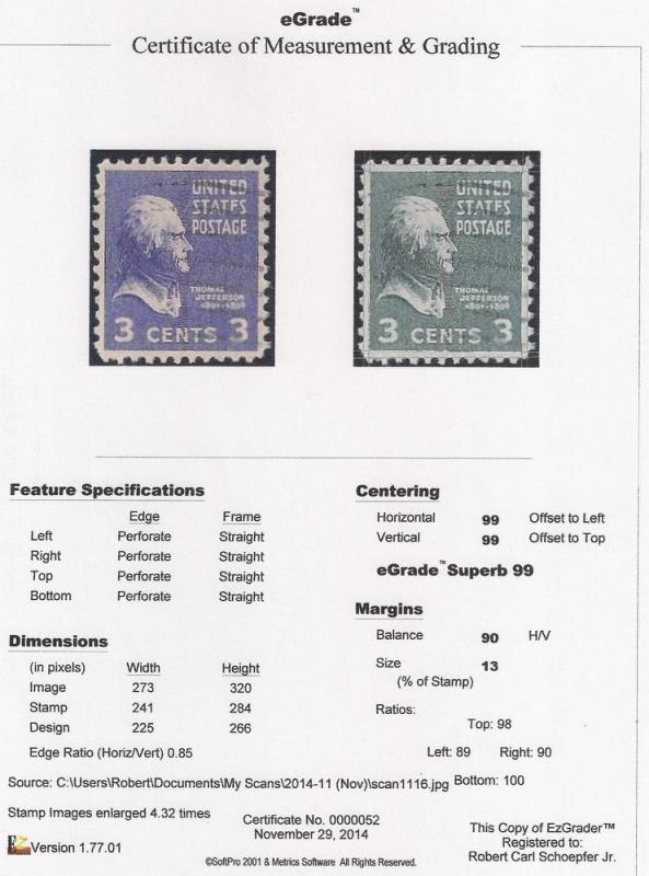 807 3 cent Thomas Jefferson Stamp used EGRADED SUPERB 99 XXF