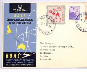 TURKEY Air Mail Cover BOAC BRITANNIA FIRST FLIGHT AUSTRALIA 1957 Yeşilköy YT230